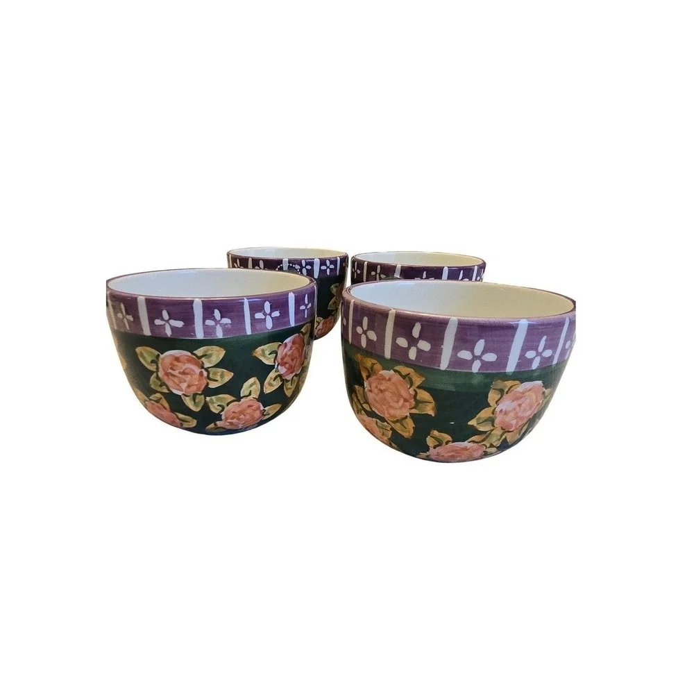 Crate‎ & Barrel Floral Soup Bowls Set 4 Green Cottagecore Stoneware